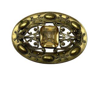 Vintage Brass Tone Brooch Oval Scroll Work Large Faceted Lucite Stone‎ C Clasp